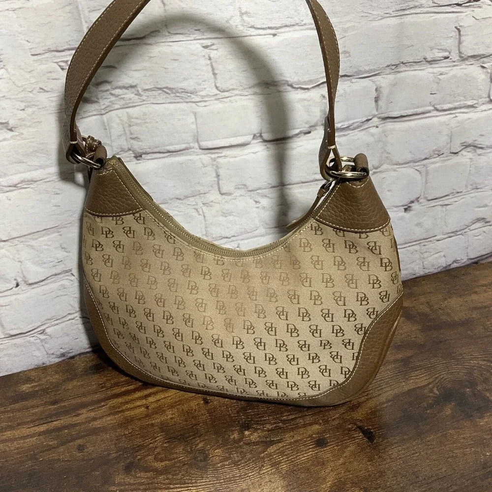 Dooney & Bourke Brown Tan All Weater Leather Signature Canvas Hobo Purse Bag